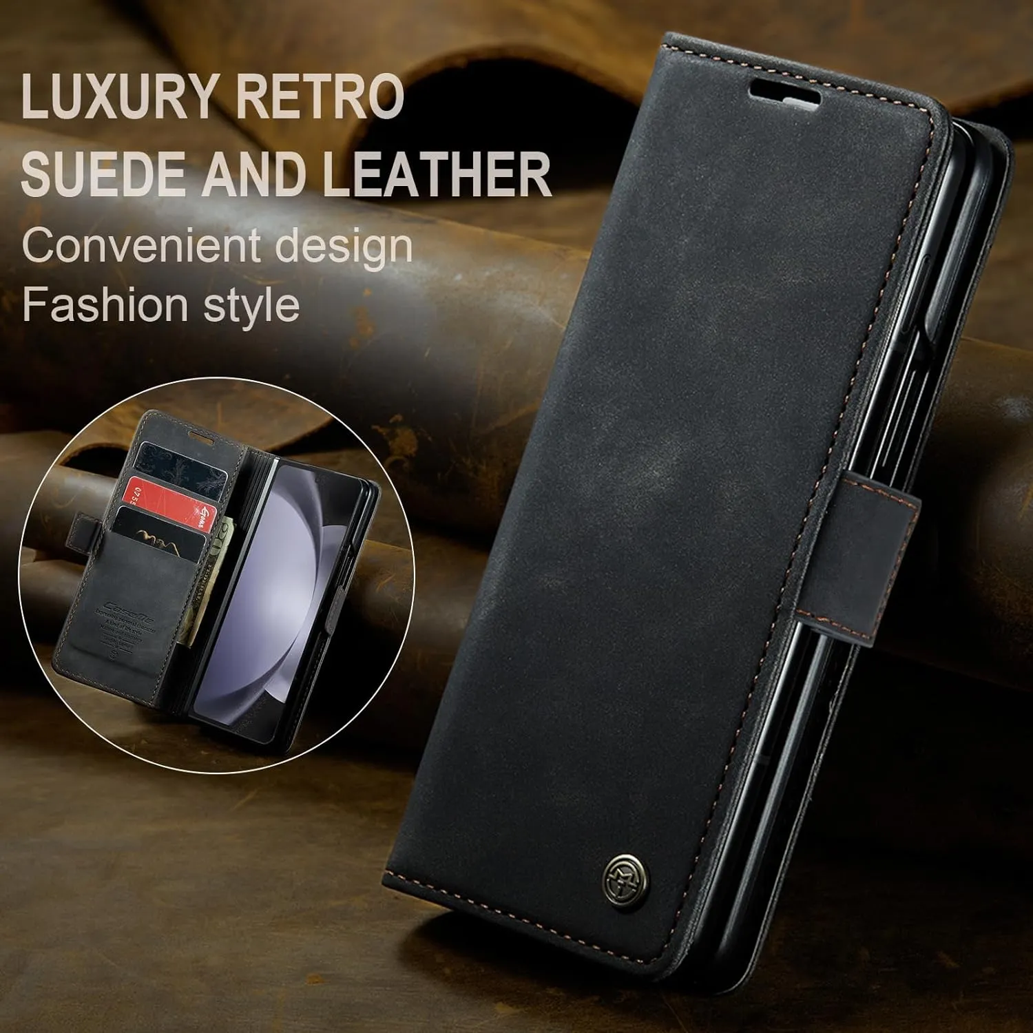 Samsung Galaxy Z Fold 5 Classic Design Leather Flip Card Holder Slot Shockproof Protective Cover