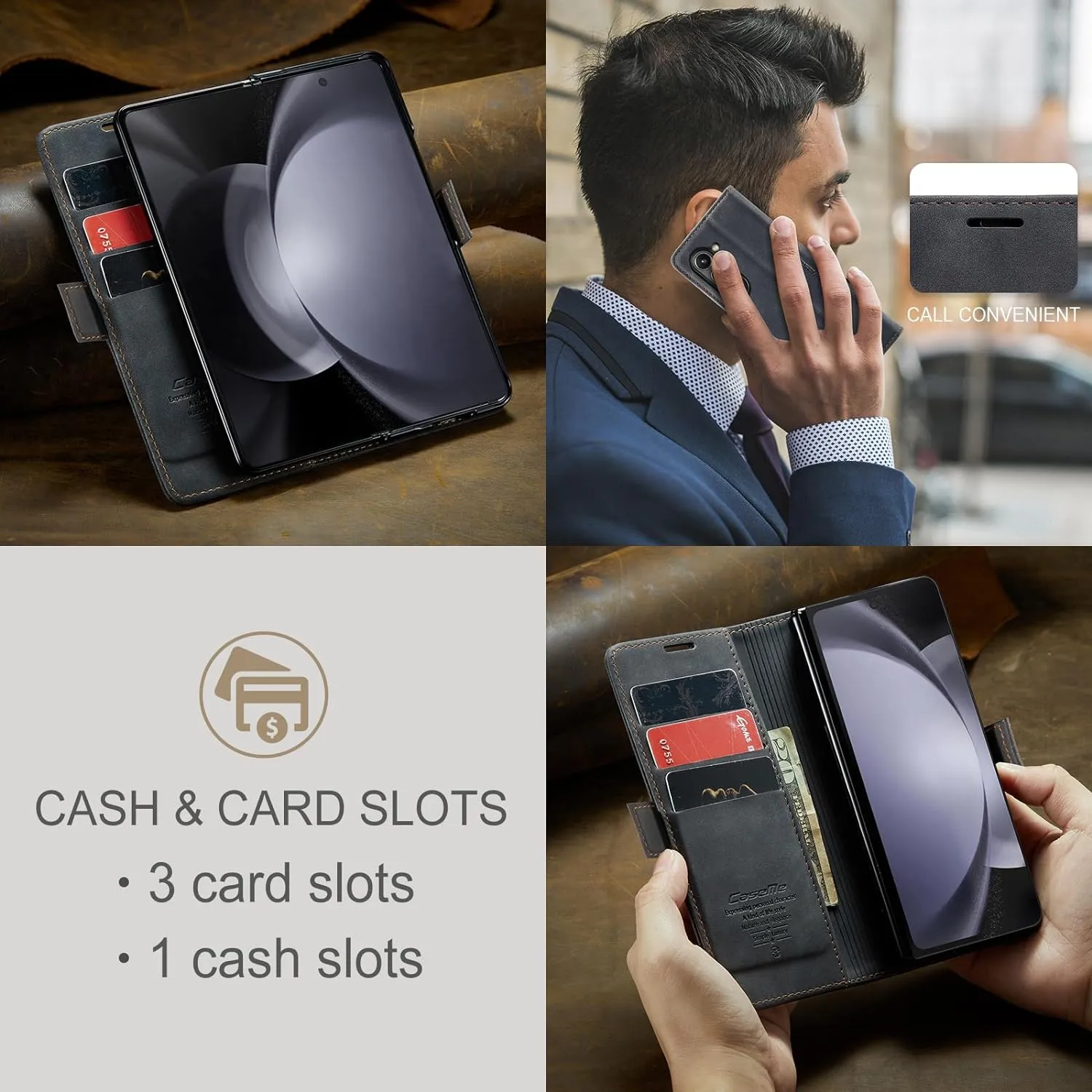 Samsung Galaxy Z Fold 5 Classic Design Leather Flip Card Holder Slot Shockproof Protective Cover