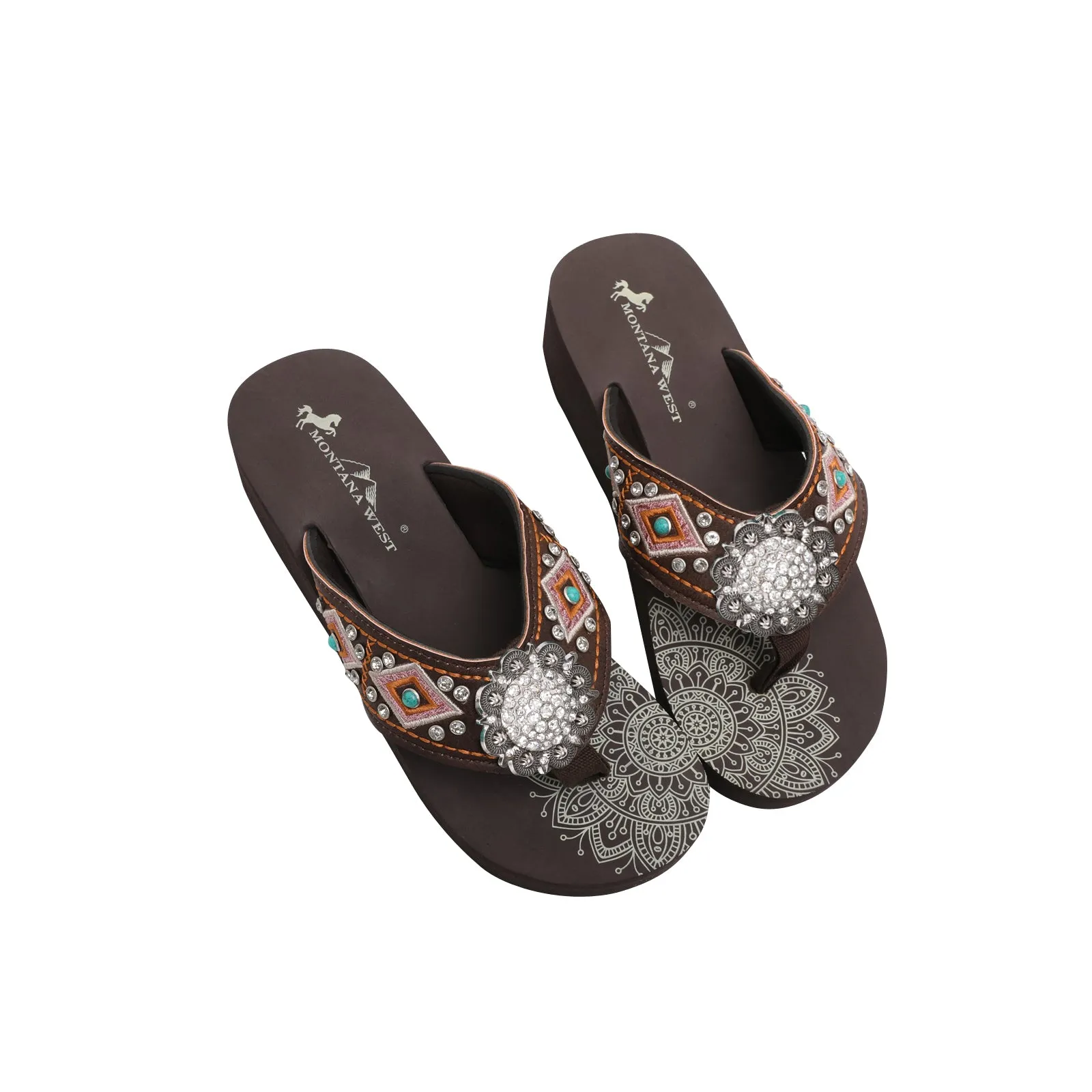 SE107-S001  Mandala Silver Floral Rhinestones Concho Embroidered Wedge Flip-Flop By Case (12Pairs/Case)