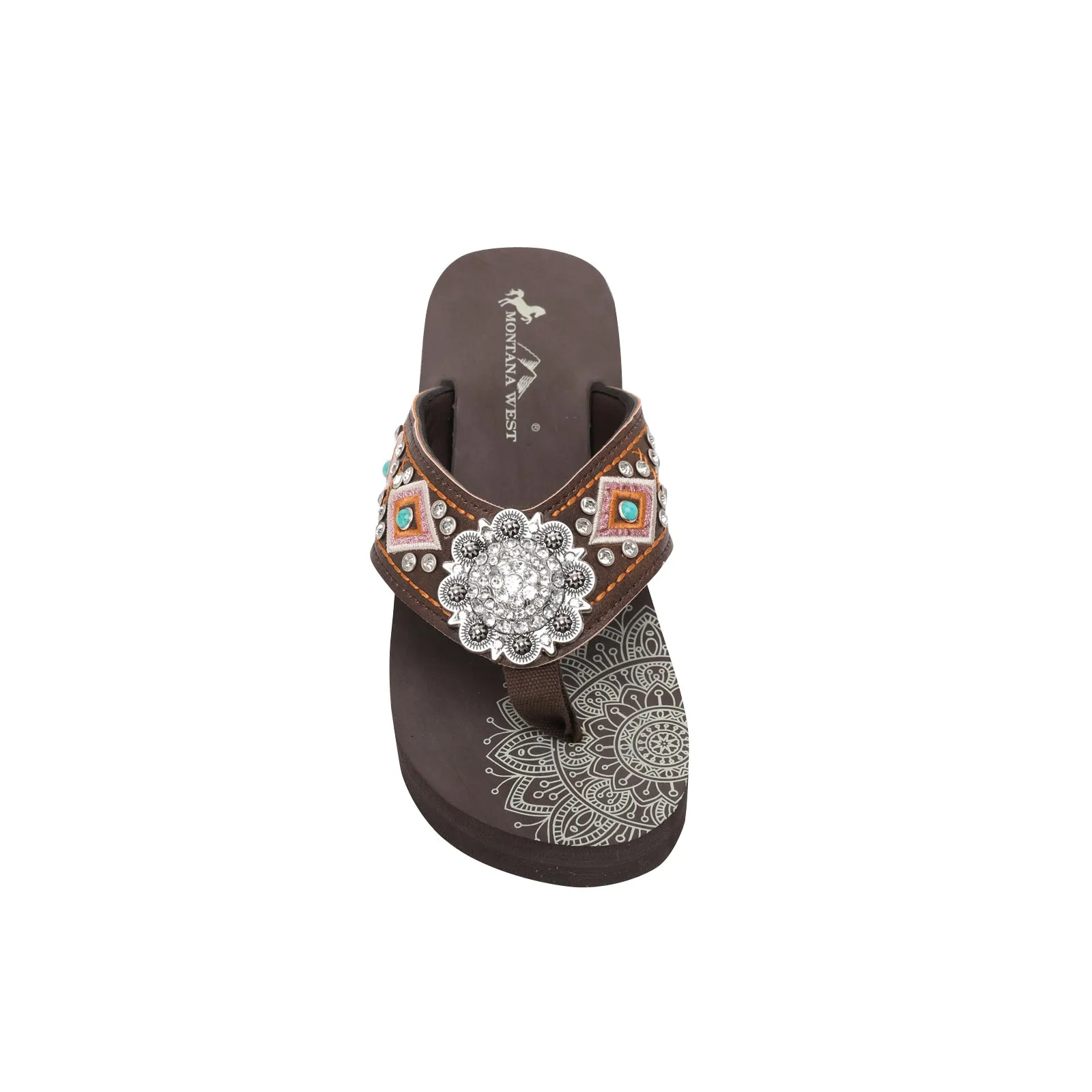 SE107-S001  Mandala Silver Floral Rhinestones Concho Embroidered Wedge Flip-Flop By Case (12Pairs/Case)