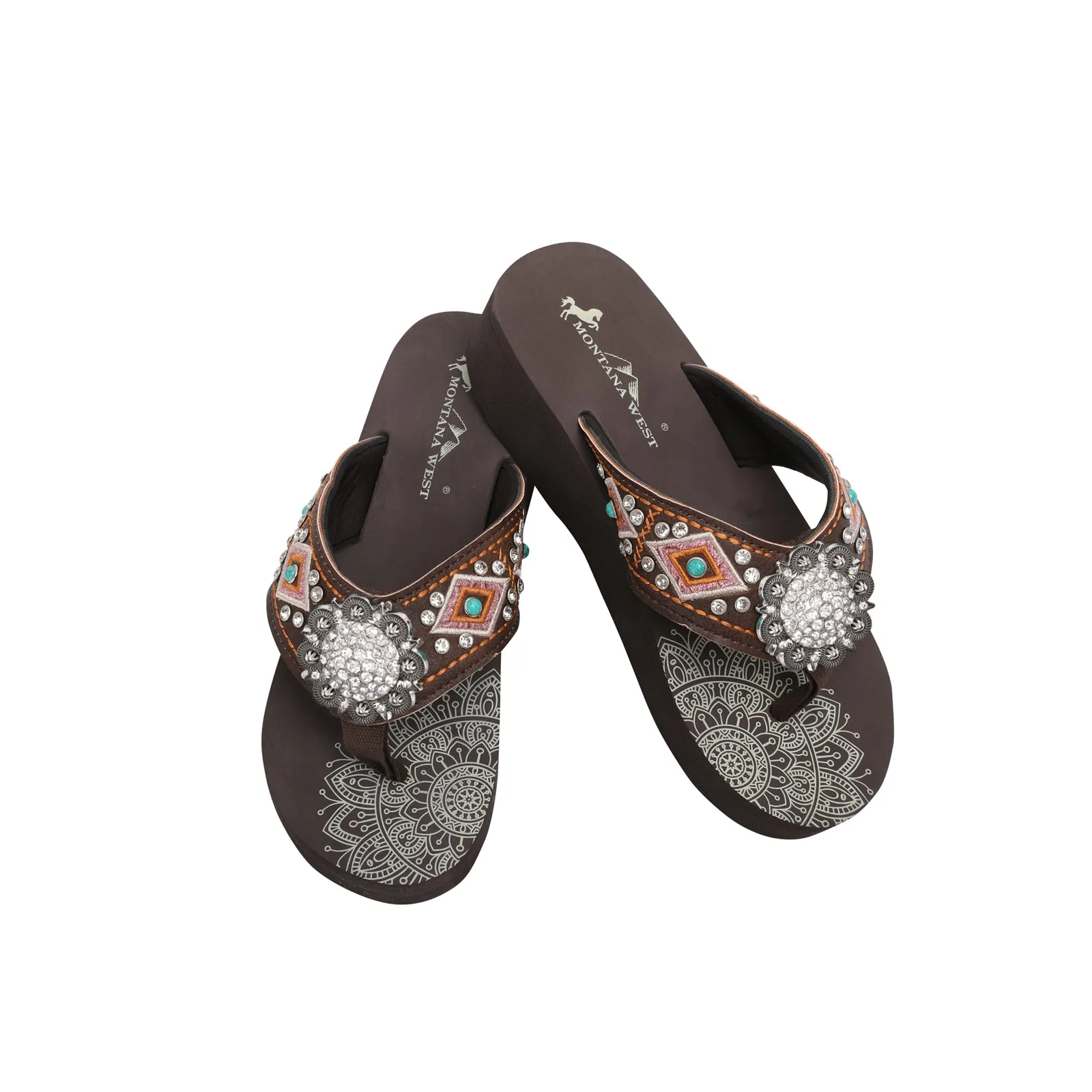 SE107-S001  Mandala Silver Floral Rhinestones Concho Embroidered Wedge Flip-Flop By Case (12Pairs/Case)