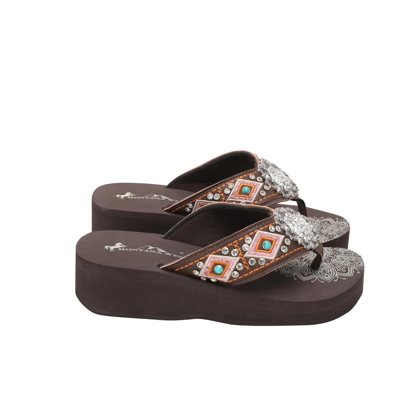 SE107-S001  Mandala Silver Floral Rhinestones Concho Embroidered Wedge Flip-Flop By Case (12Pairs/Case)