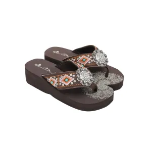 SE107-S001  Mandala Silver Floral Rhinestones Concho Embroidered Wedge Flip-Flop By Case (12Pairs/Case)