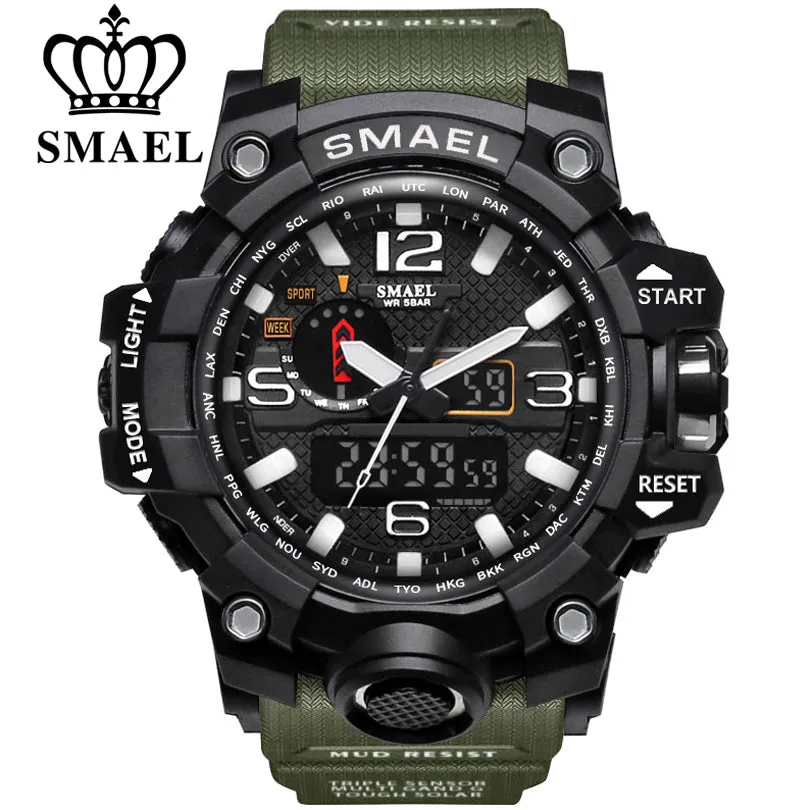 SMAEL Brand Men Sports Watches Dual Display Analog Digital LED Electronic Quartz Wristwatches Waterproof Swimming Military Watch