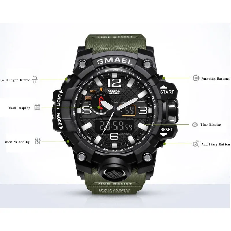 SMAEL Brand Men Sports Watches Dual Display Analog Digital LED Electronic Quartz Wristwatches Waterproof Swimming Military Watch