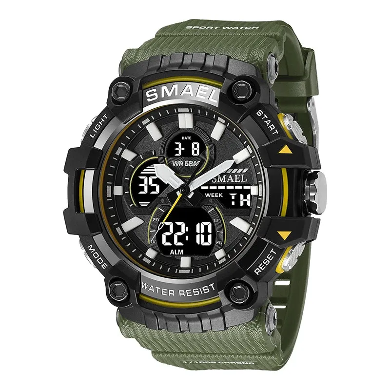 SMAEL Brand Sport Watch Men Quartz Wristwatches Waterproof Dual Time Display Military Army Green Male Clock 8079 Mens Watches