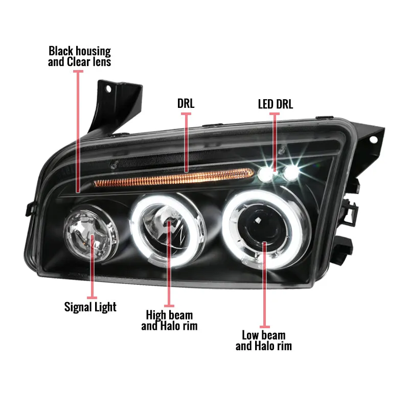 Spec-D Projector Headlights Dodge Charger (05-10) LED Halo - Black or Chrome