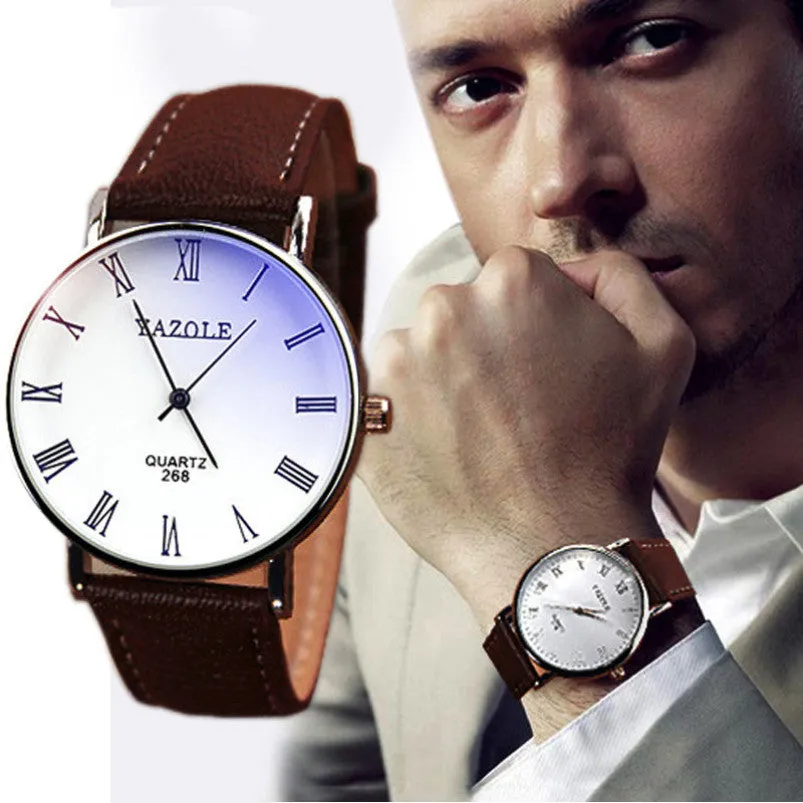 Splendid Luxury Brand Fashion Faux Leather Blue Ray Glass Men Watch Quartz Analog Business Wrist Watches