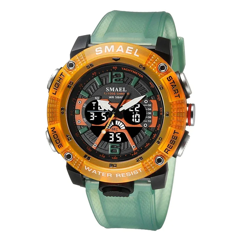 Sport Watches Waterproof SMAEL Male Clock Digital LED Display Quartz Analog Stopwatch Fashion Green Orange Clock 8058 Men Watch