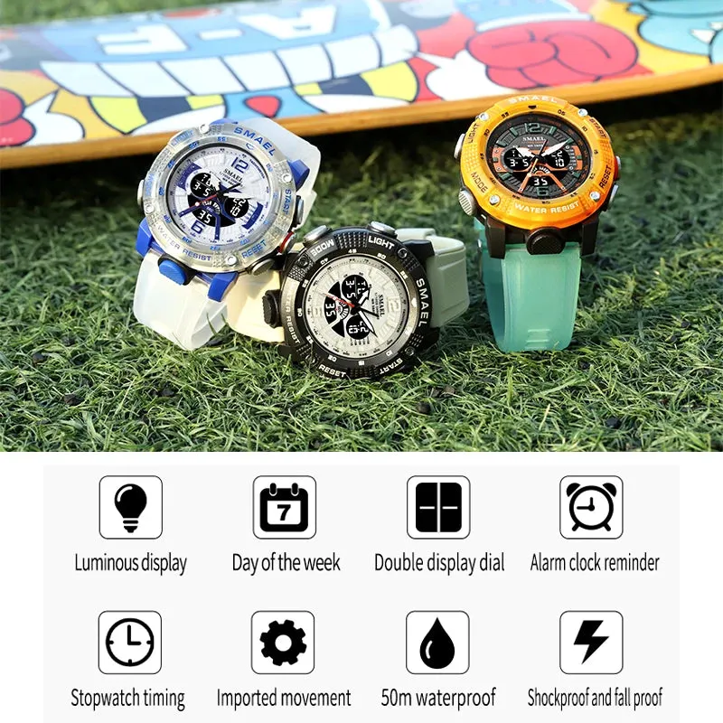 Sport Watches Waterproof SMAEL Male Clock Digital LED Display Quartz Analog Stopwatch Fashion Green Orange Clock 8058 Men Watch