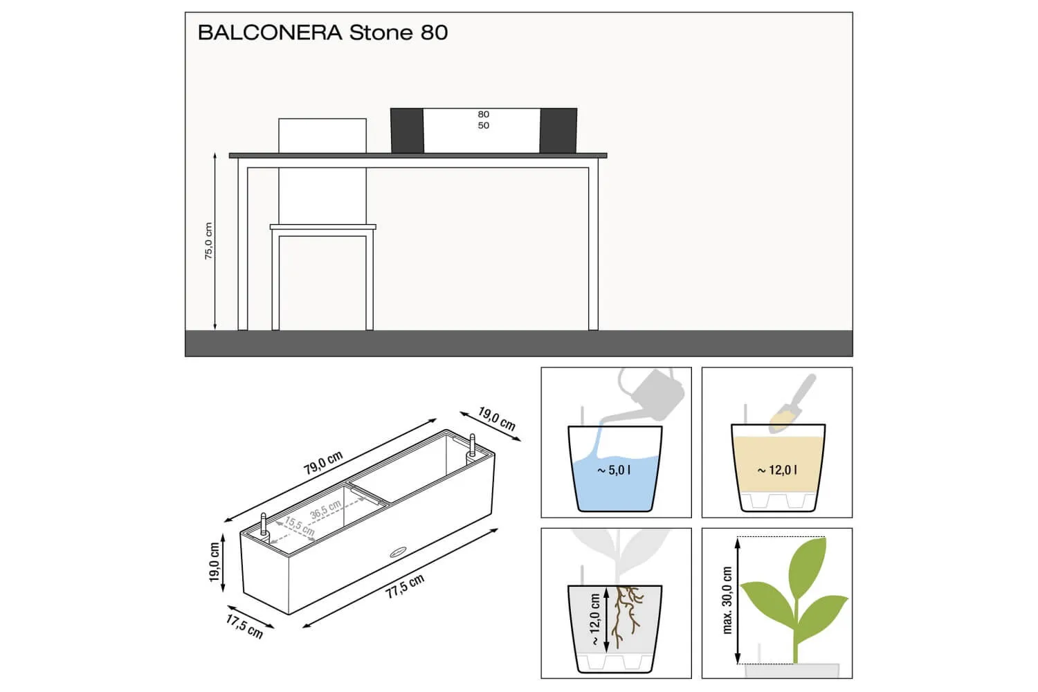 Stone balcony flowerbox with self watering system 80 cm