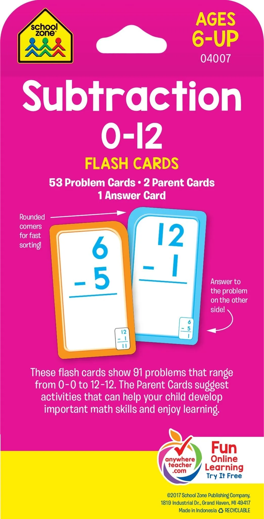 Subtraction 0-12 Flash Cards - Ages 6 and Up, 1st Grade, 2nd Grade, Numbers 0-12, Math, Problem Solving, Subtraction Problems, Counting