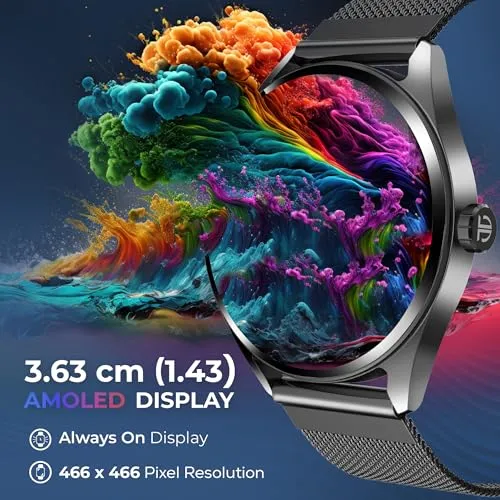 Titan Crest Premium Smart Watch|1.43" AMOLED Display with AOD|466x466 Pixel Resolution|Functional Crown|SingleSync BT Calling|Advanced Chipset|100  Sports Modes & WatchfacesIP68 Smartwatch