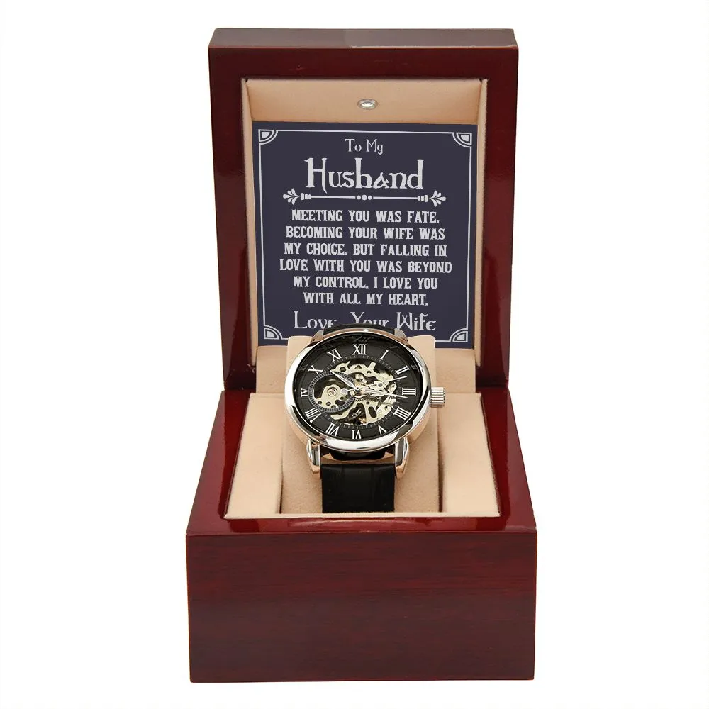 To My Husband - Meeting you was fate Men's Openwork Watch with Mahogany Box