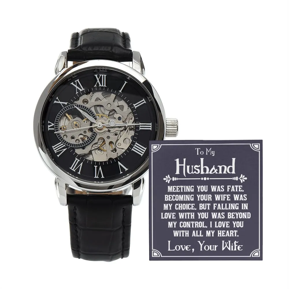 To My Husband - Meeting you was fate Men's Openwork Watch with Mahogany Box