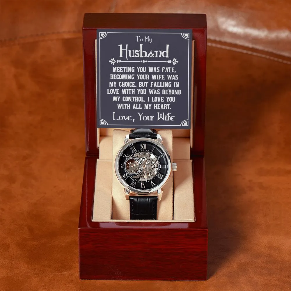 To My Husband - Meeting you was fate Men's Openwork Watch with Mahogany Box