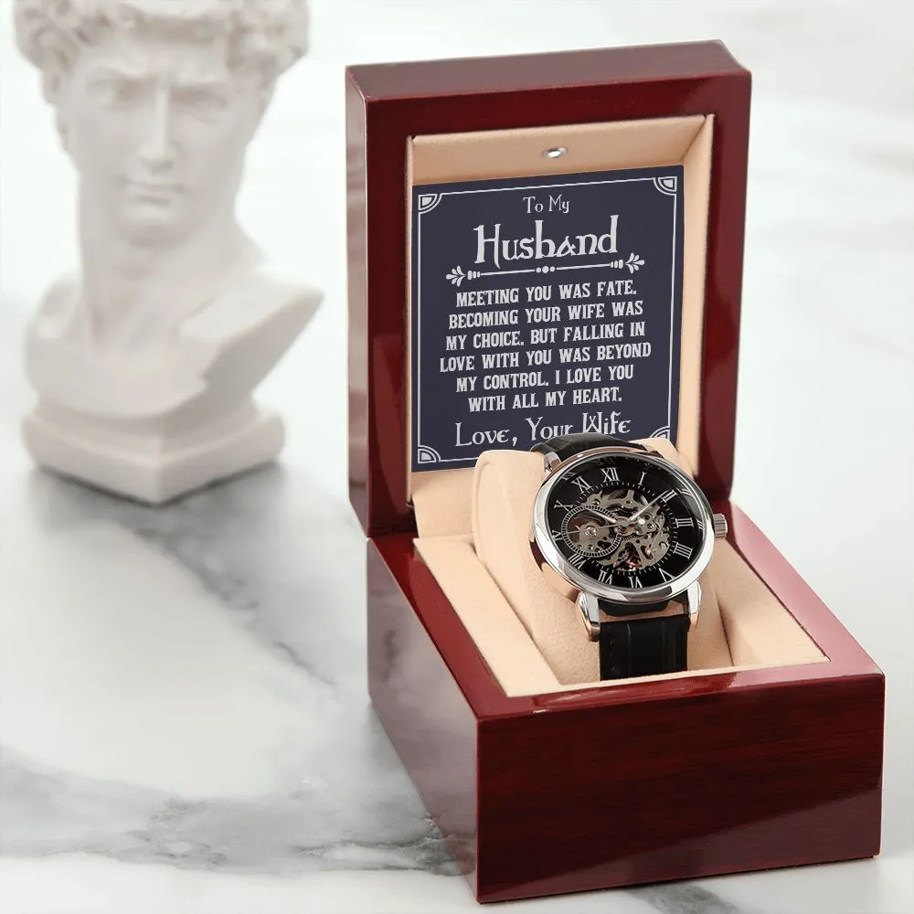 To My Husband - Meeting you was fate Men's Openwork Watch with Mahogany Box