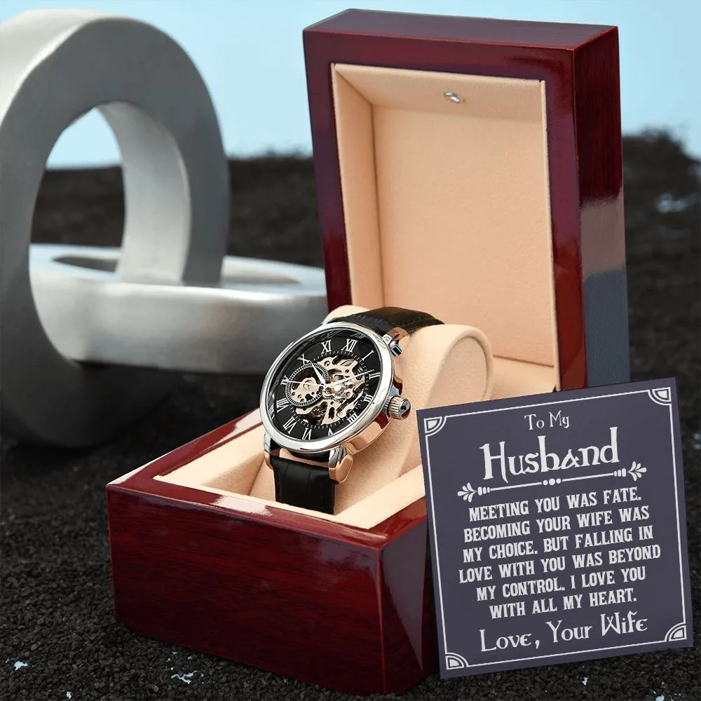 To My Husband - Meeting you was fate Men's Openwork Watch with Mahogany Box