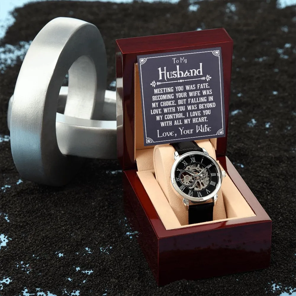 To My Husband - Meeting you was fate Men's Openwork Watch with Mahogany Box