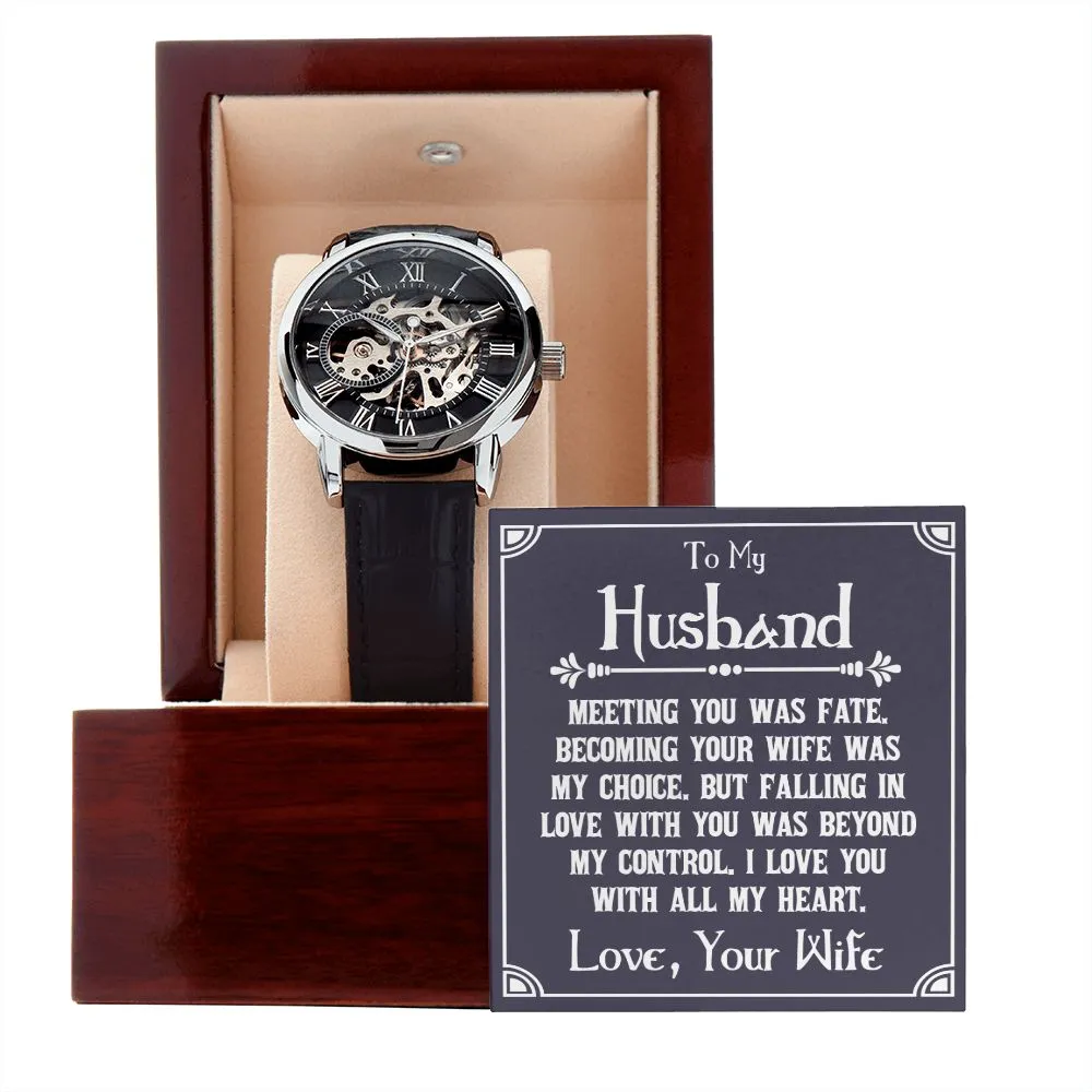 To My Husband - Meeting you was fate Men's Openwork Watch with Mahogany Box