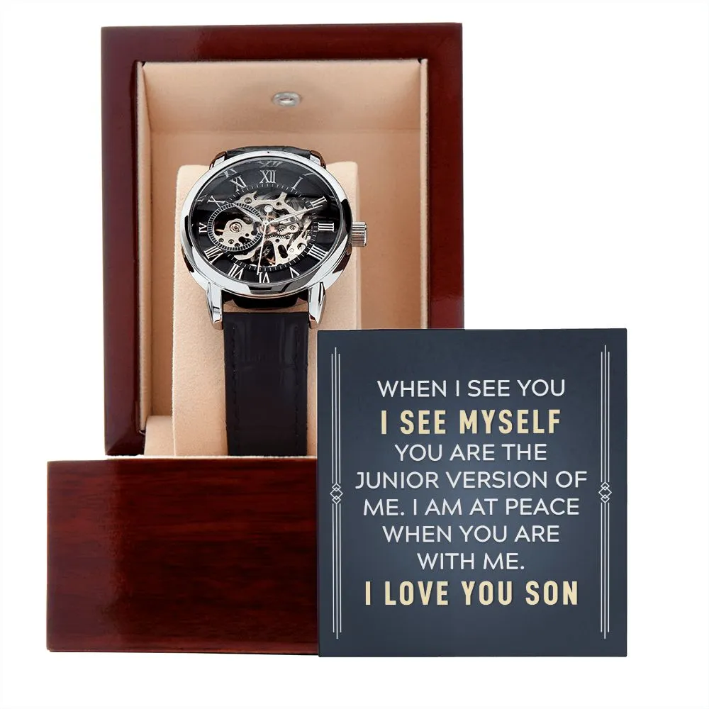 To my son-When I see you Men's Openwork Watch with Mahogany Box