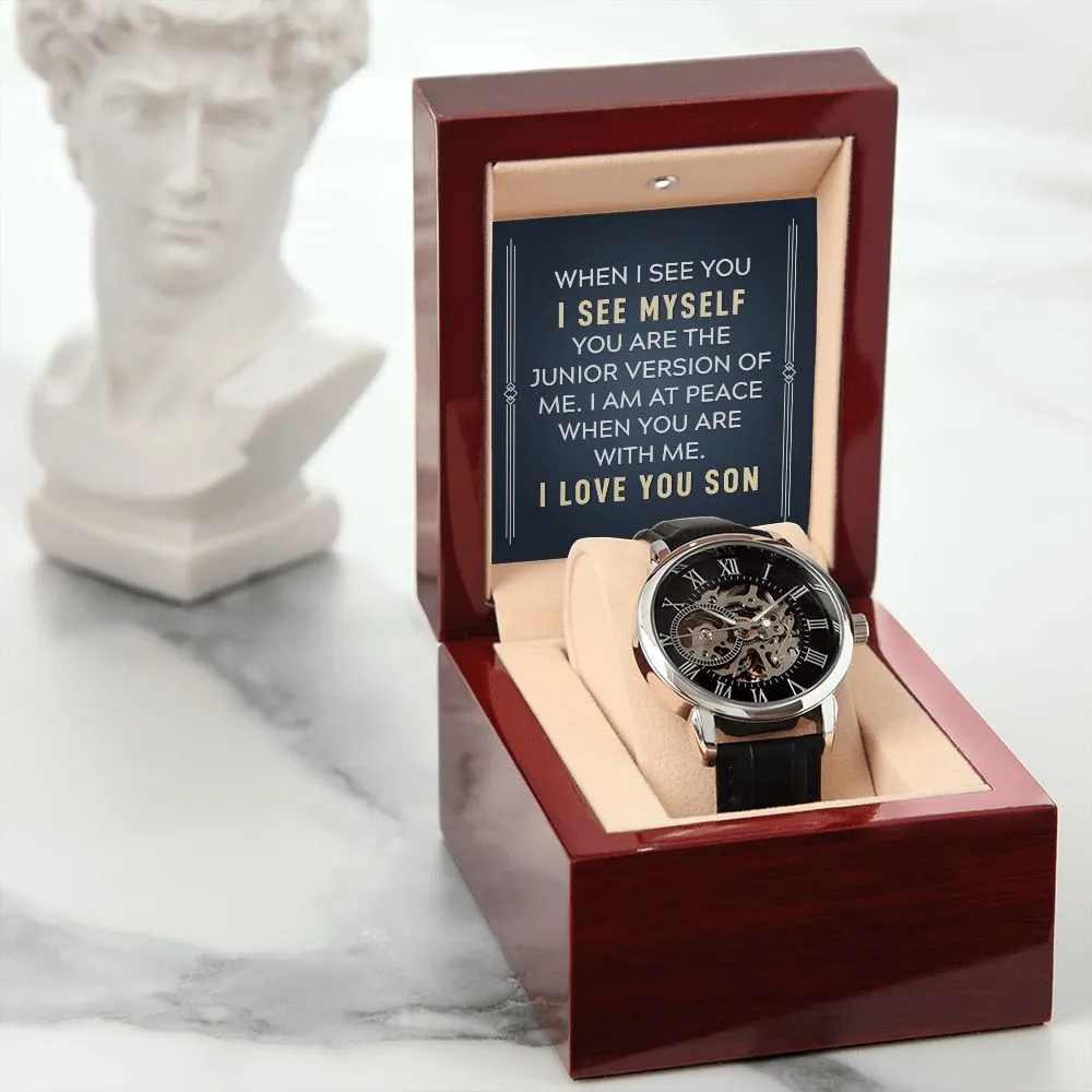 To my son-When I see you Men's Openwork Watch with Mahogany Box