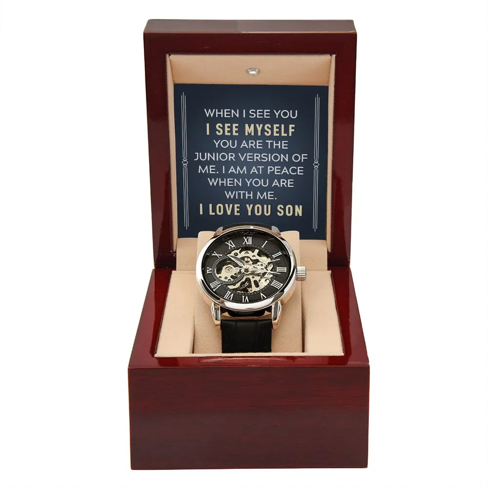 To my son-When I see you Men's Openwork Watch with Mahogany Box