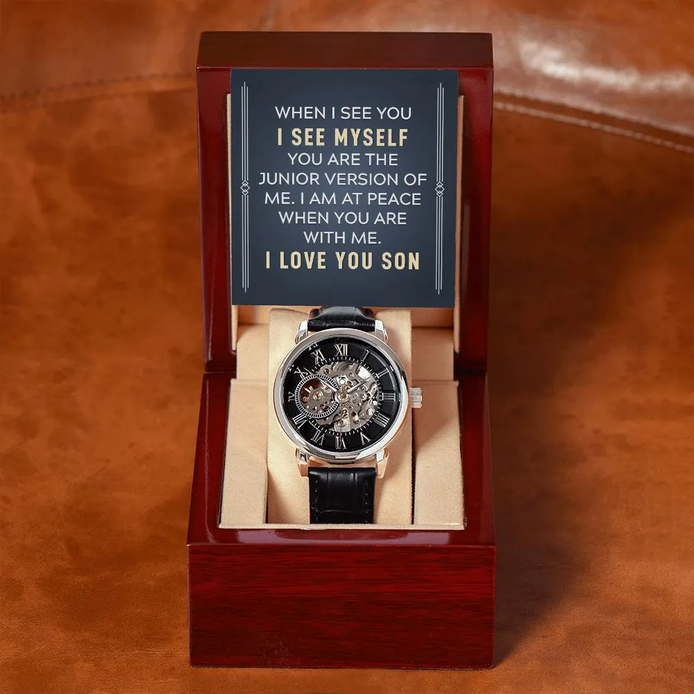 To my son-When I see you Men's Openwork Watch with Mahogany Box