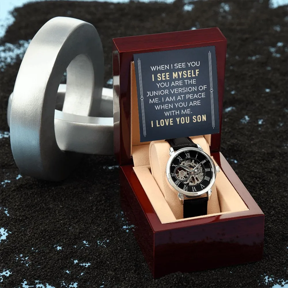 To my son-When I see you Men's Openwork Watch with Mahogany Box