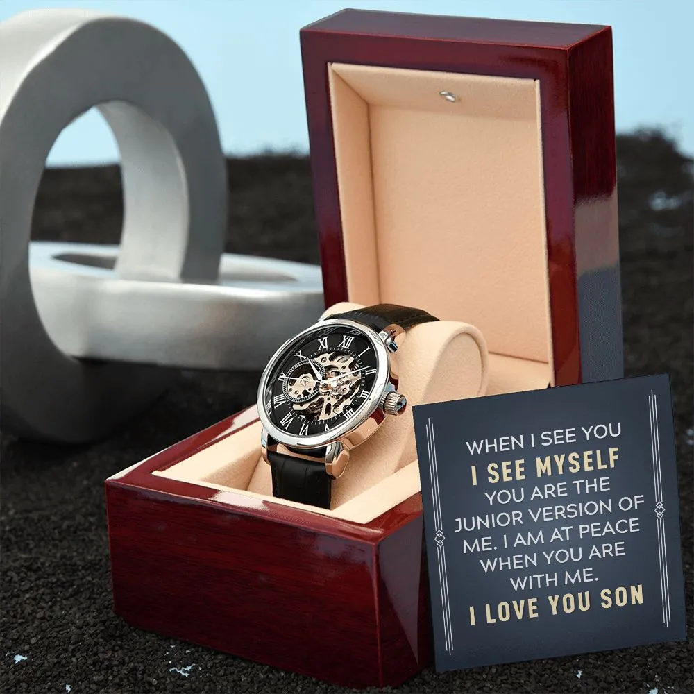 To my son-When I see you Men's Openwork Watch with Mahogany Box