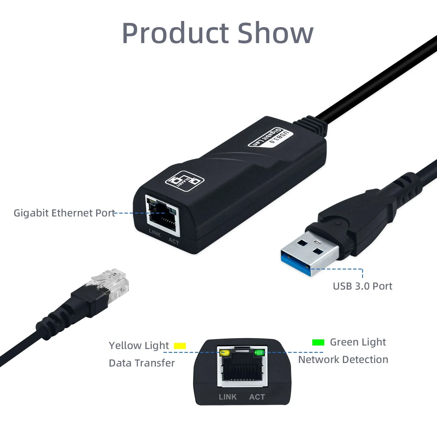 USB 3.0 Ethernet Adapter 10/100/1000Mbps for Windows/MacOS/Linux/Chrome OS