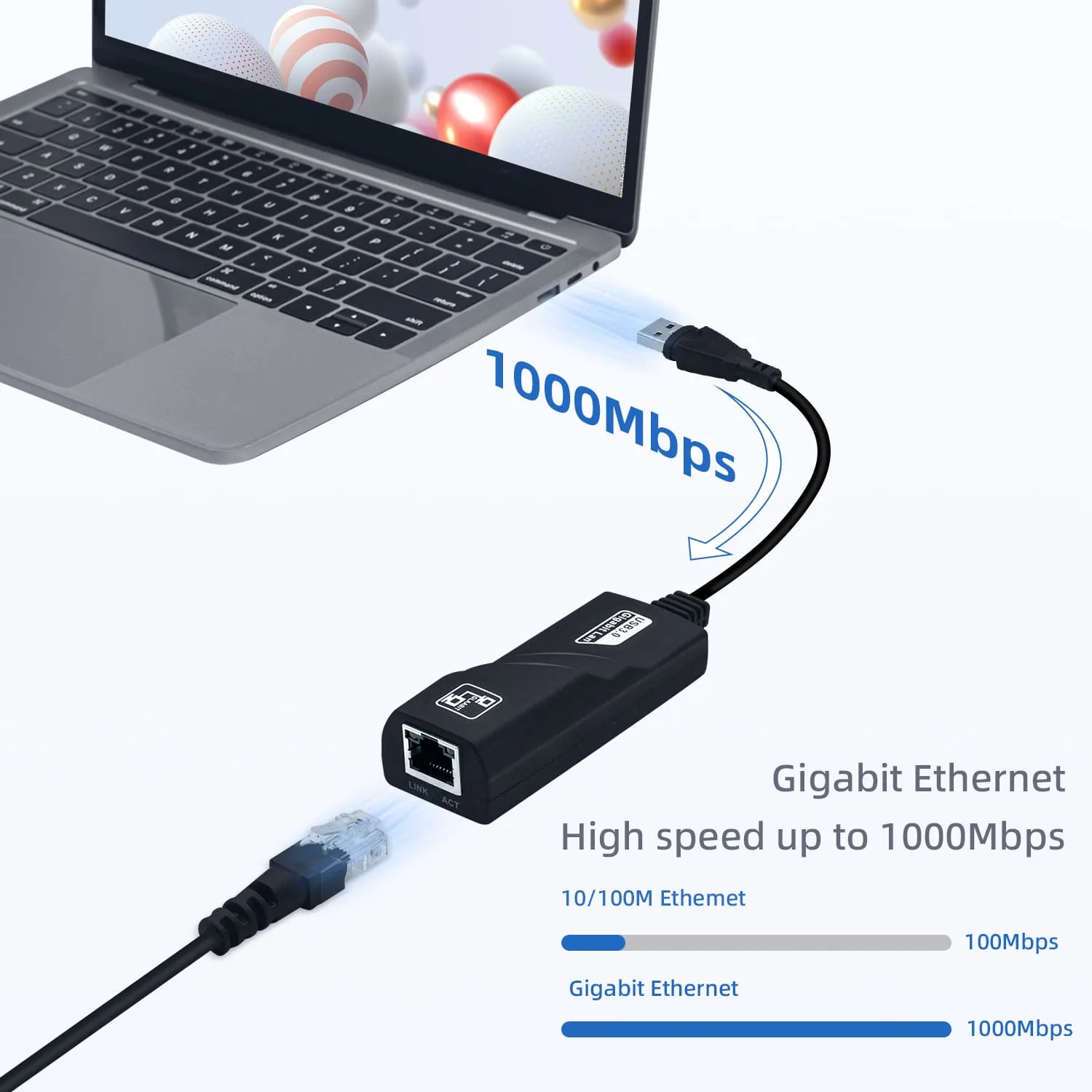 USB 3.0 Ethernet Adapter 10/100/1000Mbps for Windows/MacOS/Linux/Chrome OS