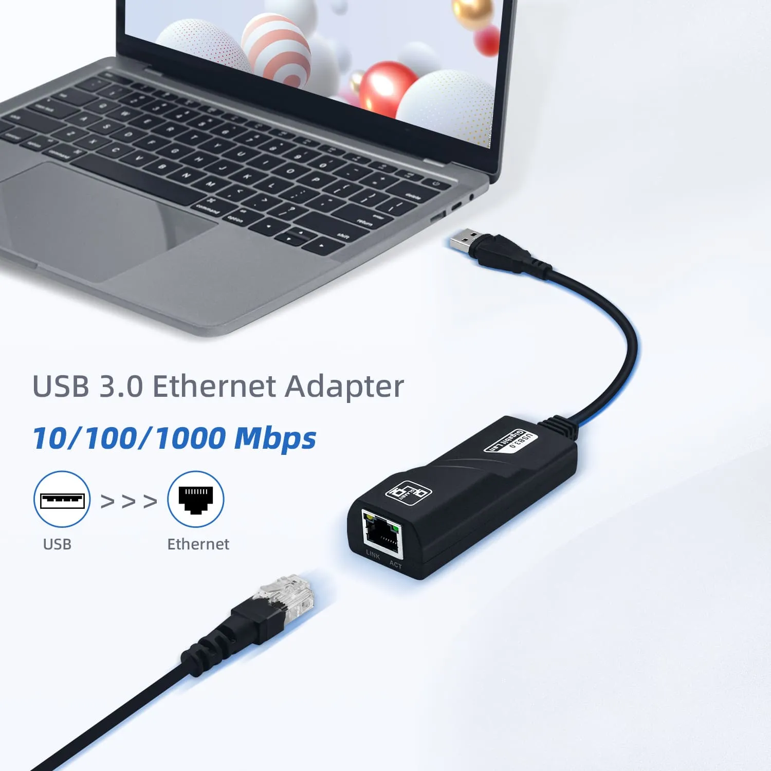 USB 3.0 Ethernet Adapter 10/100/1000Mbps for Windows/MacOS/Linux/Chrome OS