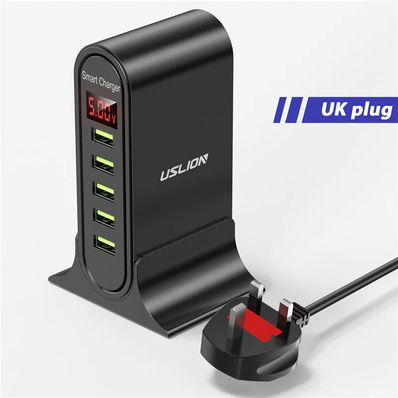 USLION 5 Port USB Charger HUB Multi USB Charging Station Dock Desktop Wall Home LED Display Universal New Chargers EU US UK Plug