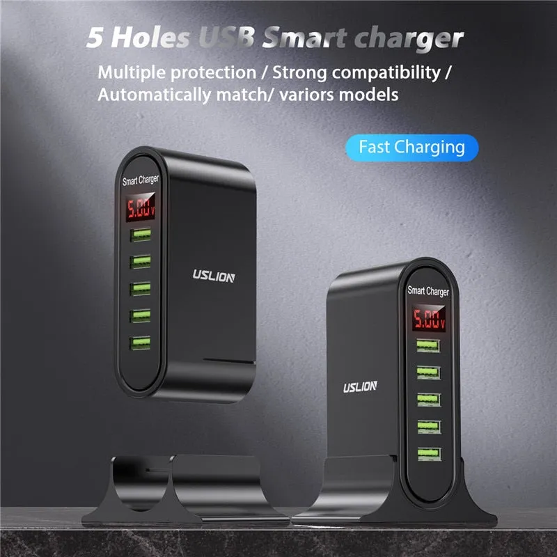 USLION 5 Port USB Charger HUB Multi USB Charging Station Dock Desktop Wall Home LED Display Universal New Chargers EU US UK Plug