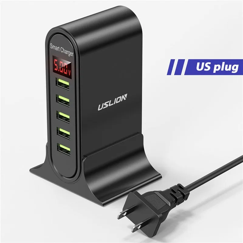 USLION 5 Port USB Charger HUB Multi USB Charging Station Dock Desktop Wall Home LED Display Universal New Chargers EU US UK Plug