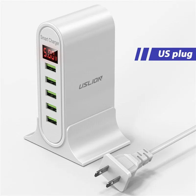 USLION 5 Port USB Charger HUB Multi USB Charging Station Dock Desktop Wall Home LED Display Universal New Chargers EU US UK Plug