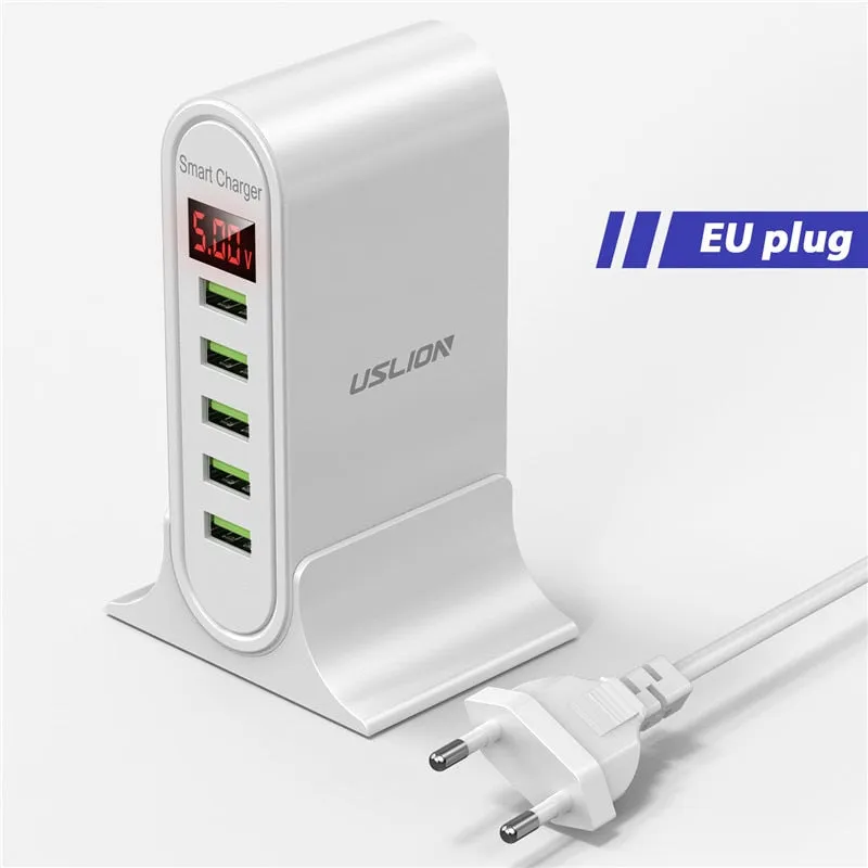 USLION 5 Port USB Charger HUB Multi USB Charging Station Dock Desktop Wall Home LED Display Universal New Chargers EU US UK Plug