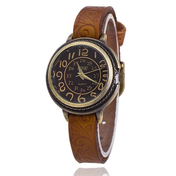 Vintage Cow Leather Bracelet Watch Women Flower Engraved WristWatch Casual Luxury Quartz Watch