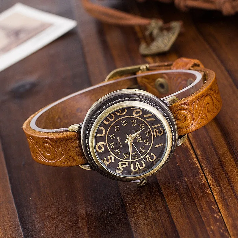 Vintage Cow Leather Bracelet Watch Women Flower Engraved WristWatch Casual Luxury Quartz Watch