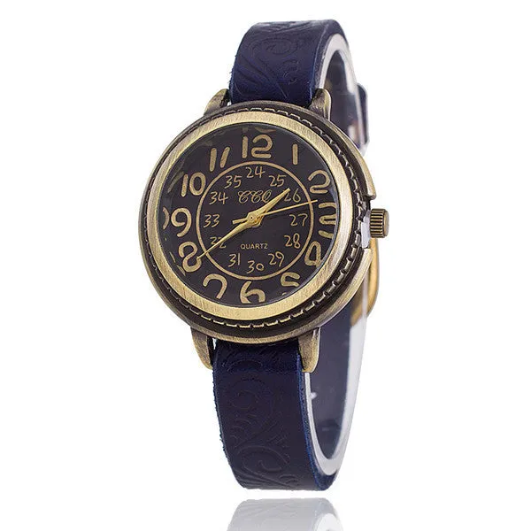 Vintage Cow Leather Bracelet Watch Women Flower Engraved WristWatch Casual Luxury Quartz Watch