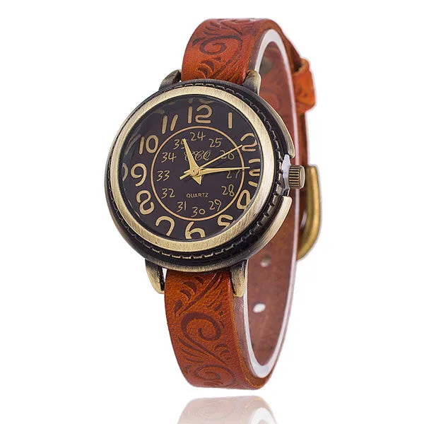 Vintage Cow Leather Bracelet Watch Women Flower Engraved WristWatch Casual Luxury Quartz Watch