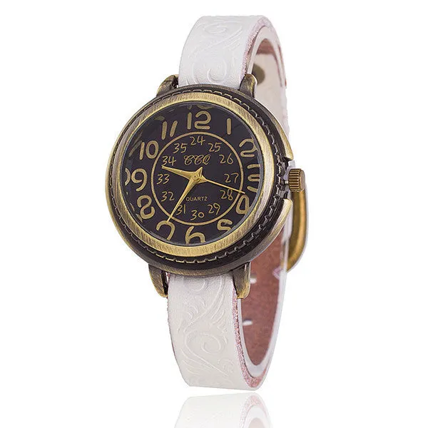 Vintage Cow Leather Bracelet Watch Women Flower Engraved WristWatch Casual Luxury Quartz Watch