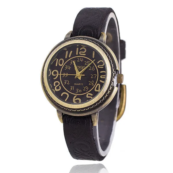 Vintage Cow Leather Bracelet Watch Women Flower Engraved WristWatch Casual Luxury Quartz Watch