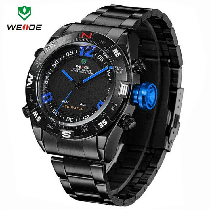 WEIDE Watches Men Military Sports LED Analog Digital Watch 2 time zone Japan Quartz Stainless Steel 3ATM Waterproof Wrist watch