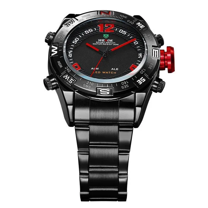 WEIDE Watches Men Military Sports LED Analog Digital Watch 2 time zone Japan Quartz Stainless Steel 3ATM Waterproof Wrist watch