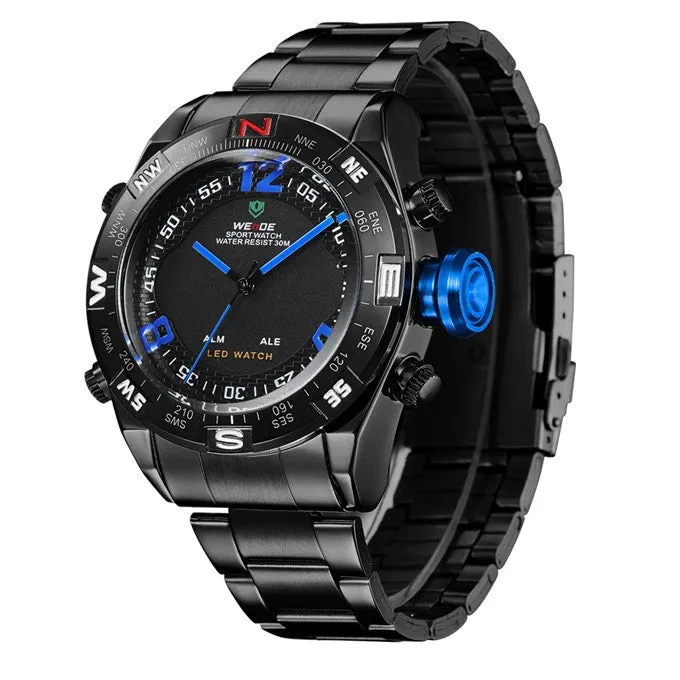 WEIDE Watches Men Military Sports LED Analog Digital Watch 2 time zone Japan Quartz Stainless Steel 3ATM Waterproof Wrist watch