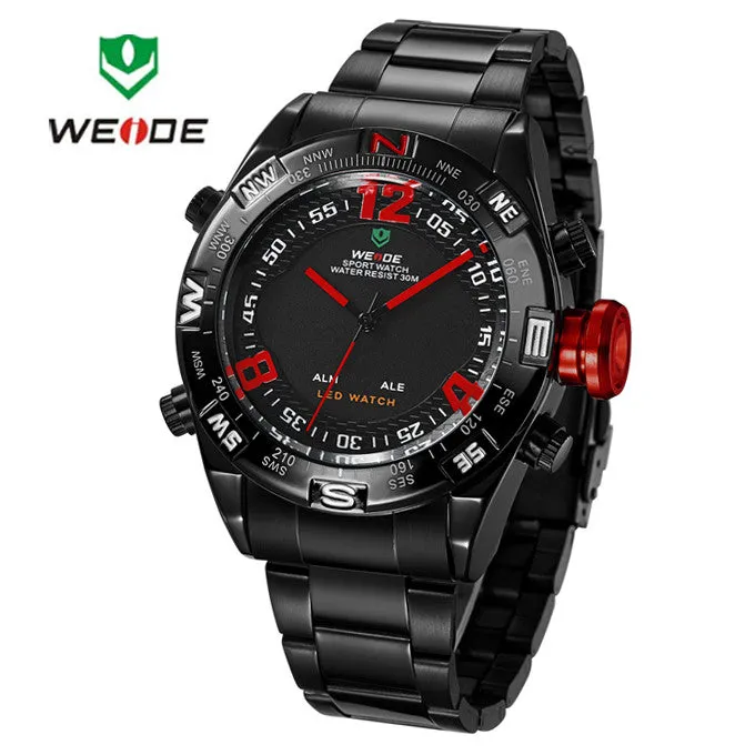 WEIDE Watches Men Military Sports LED Analog Digital Watch 2 time zone Japan Quartz Stainless Steel 3ATM Waterproof Wrist watch