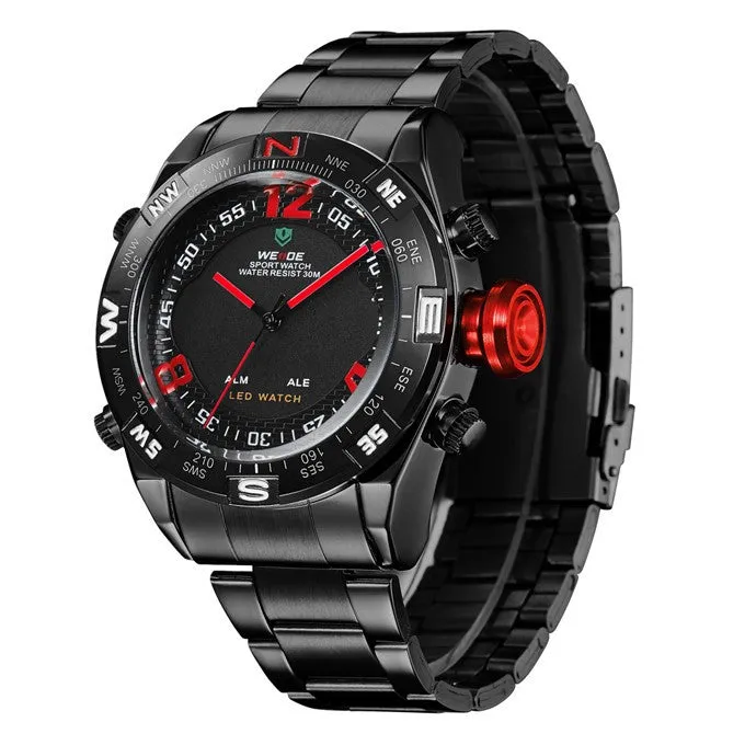 WEIDE Watches Men Military Sports LED Analog Digital Watch 2 time zone Japan Quartz Stainless Steel 3ATM Waterproof Wrist watch