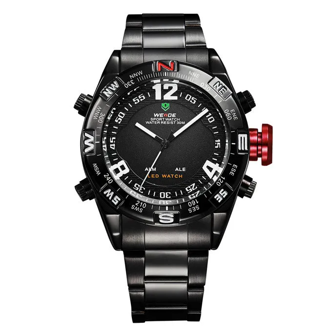 WEIDE Watches Men Military Sports LED Analog Digital Watch 2 time zone Japan Quartz Stainless Steel 3ATM Waterproof Wrist watch